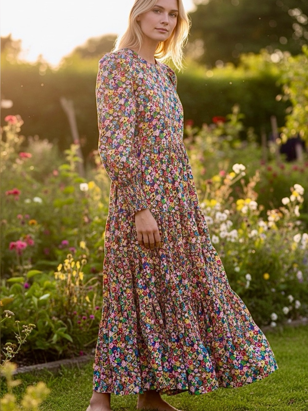 Boden maxi prairie dress Multicolor ditsy Floral Tiered Long Sleeve size 4